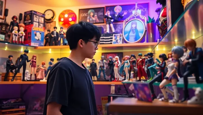 An enthusiast checking anime figures for authenticity amid a collector's display setup.