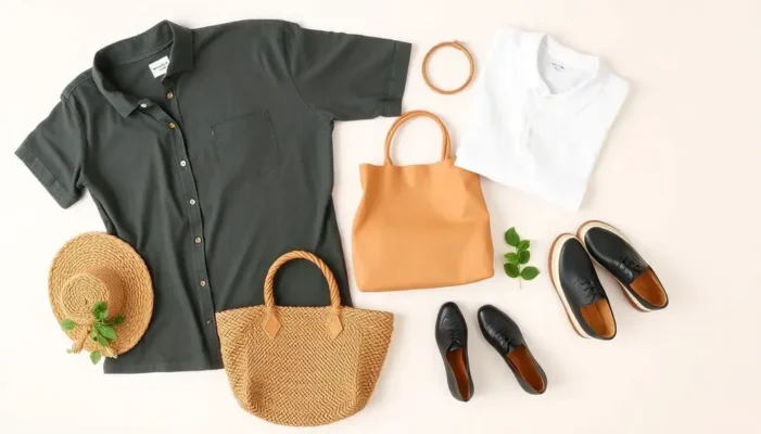 Eco-friendly fashion products including organic cotton shirts, hemp bags, and recycled plastic shoes.