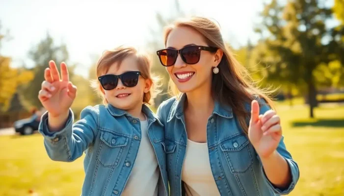 Fashionable parent wearing trendy sunglasses while playing with their child in a park.