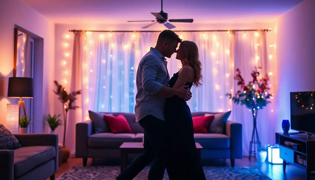 A couple enjoys an intimate moment under smart ambient lighting.