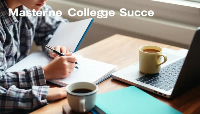 A college student studying with a laptop, notebooks, and coffee, illustrating focus and determination in studying.